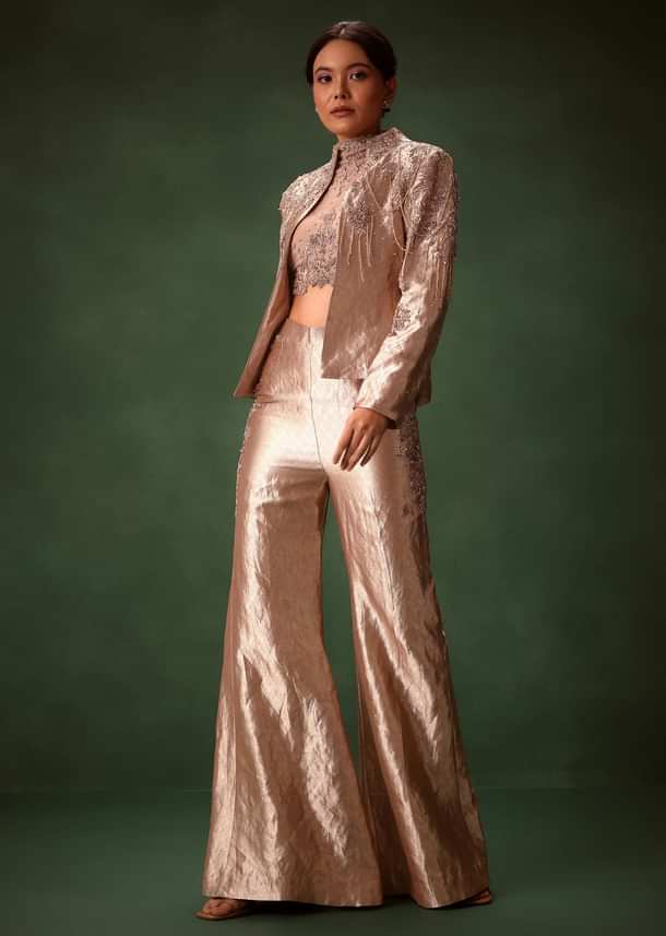 Rust Stretch Net Bell Bottom Set With Embroidered Blazer And Polo Neck Top