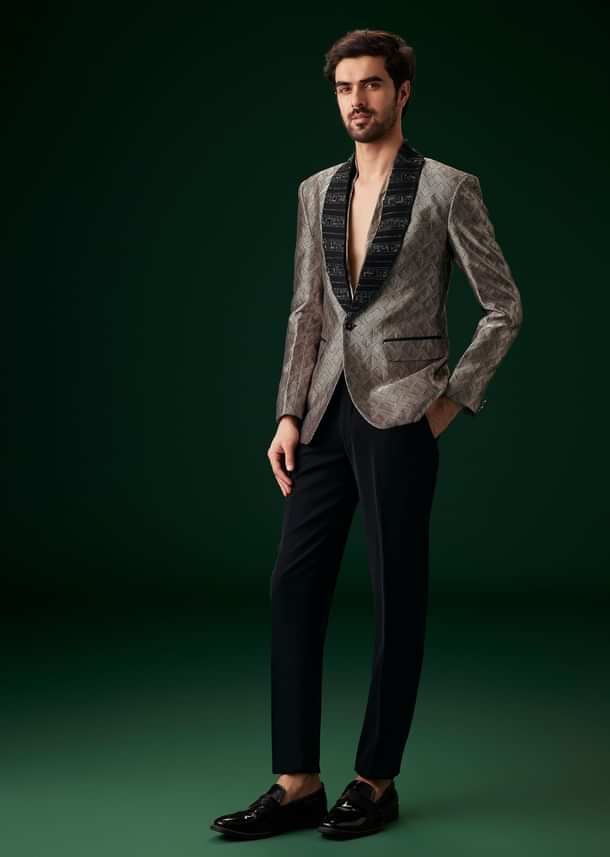 Black Banarasi Silk Tuxedo With Cut Dana And Crystal Embroidery