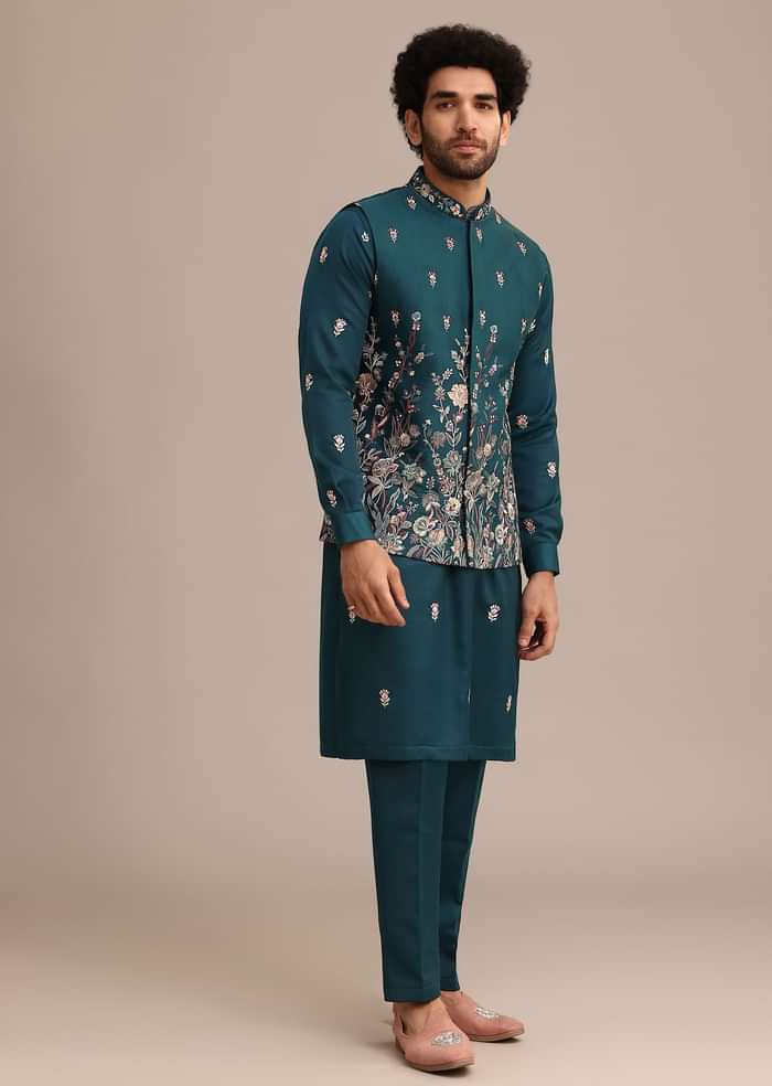 Blue Satin Resham Work Kurta Jacket Set