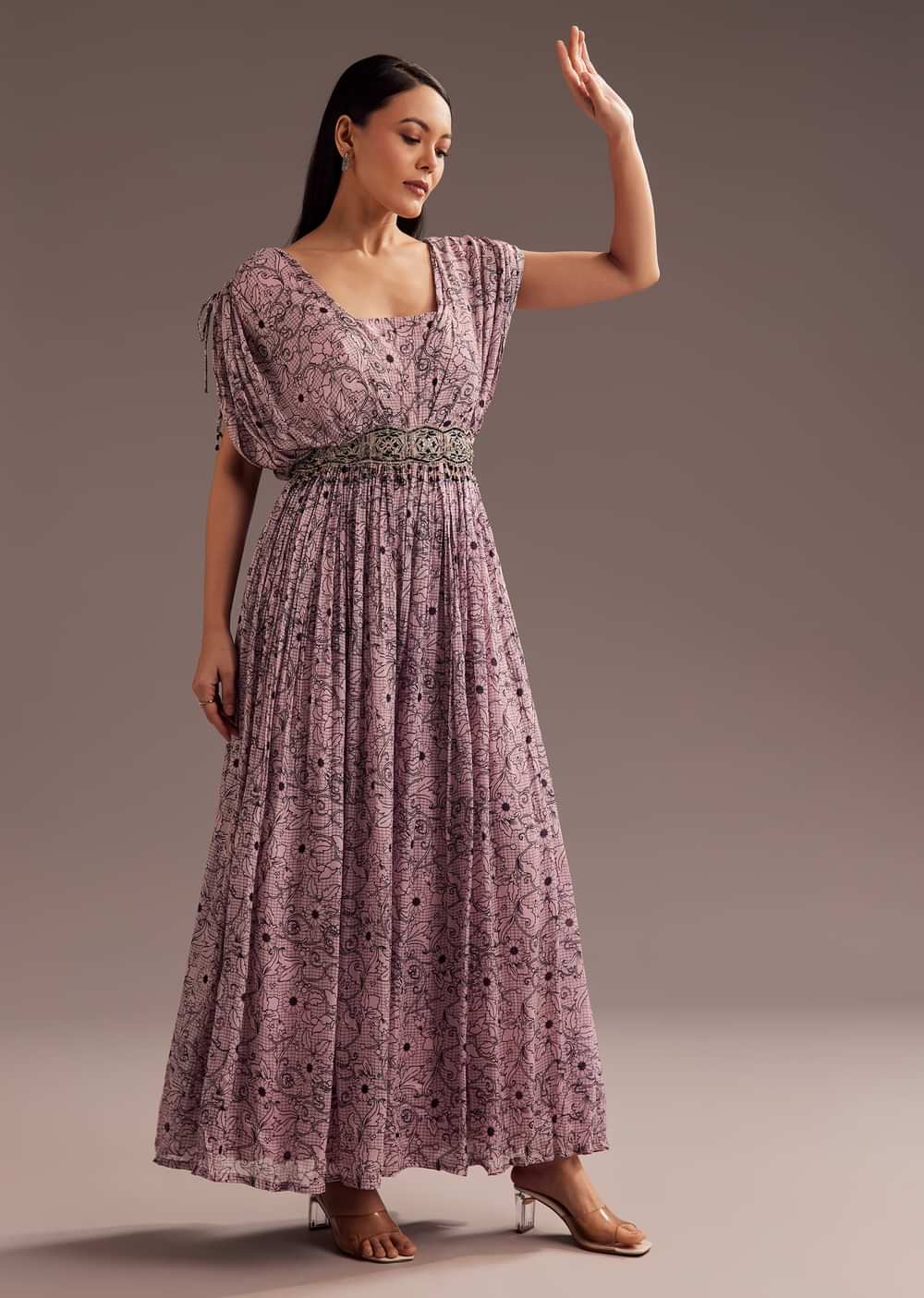 Purple Abstract Print Resham Sequins Work Jumpsuit