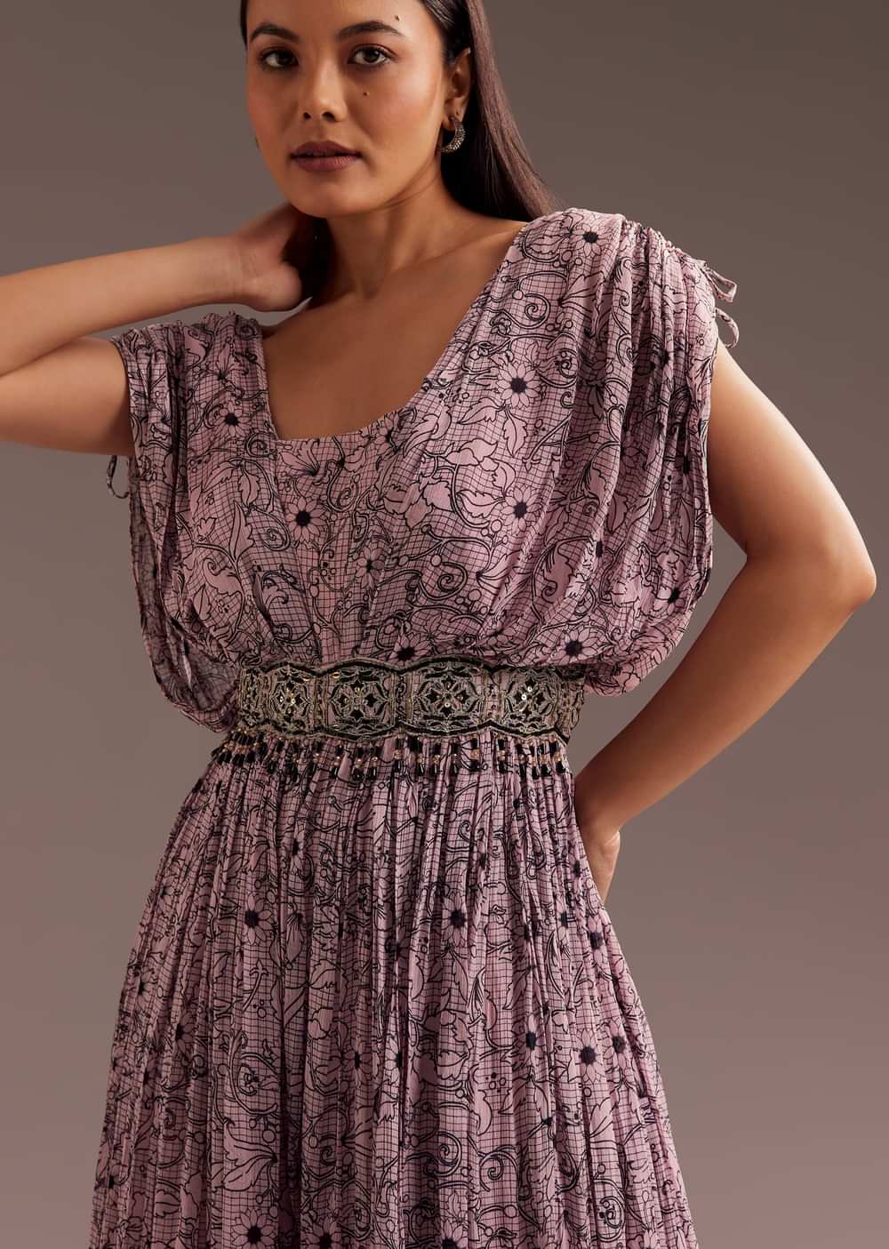 Purple Abstract Print Resham Sequins Work Jumpsuit