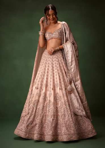 Peach Banarasi Brocade Lehenga Set With Dual Dupattas