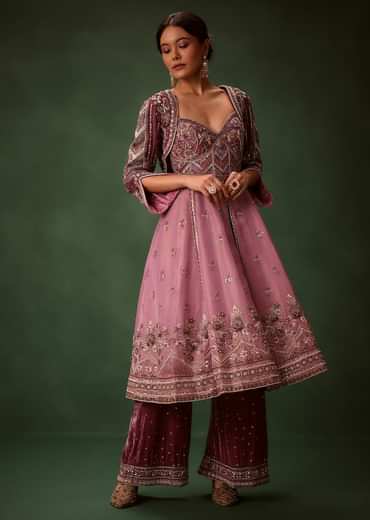 Deep Mauve Anarkali Suit Set With Velvet Pants And Embroidered Jacket