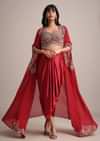 Maroon Embroidered Croptop And Pleated Skirt With Organza Jacket