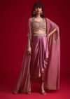 Mulberry Pink Embroidered Croptop And Draped Skirt With Organza Jacket