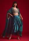 Teal Embroidered Crop Top And Draped Skirt With Jacket