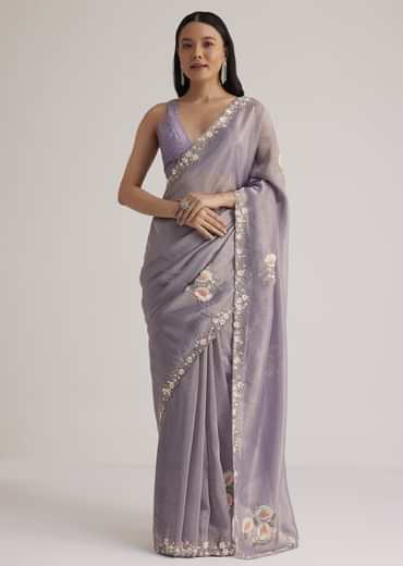 Grey Tissue Saree Floral Embroidery