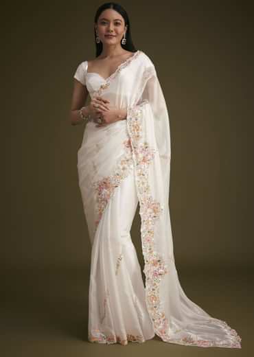 White Glass Tissue Saree With Floral Embroidery