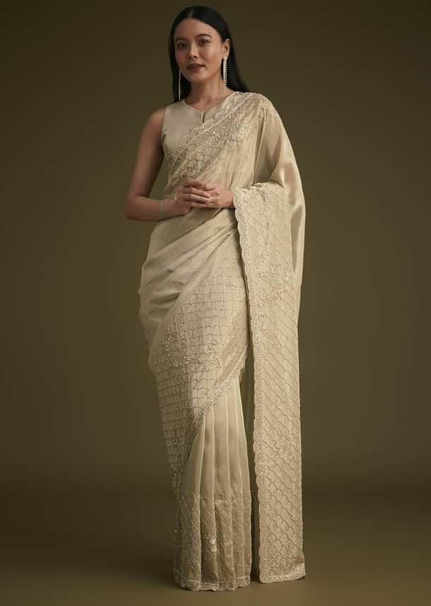 Silver Beige Tissue Sequins Saree With Cutdana Detailing