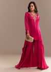 Dark Pink Asymmetrical Embroidered Palazzo Set