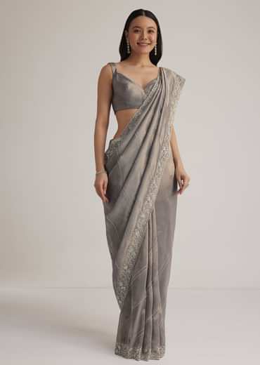 Grey Tissue Embroidered Saree