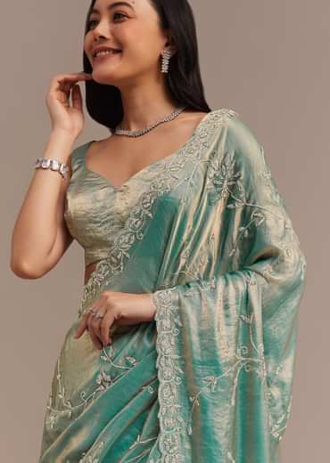 Peacock Blue Tissue Silk Saree Embellished With Stones All Over