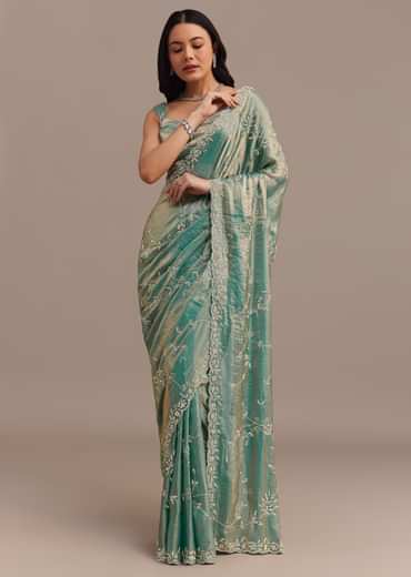Peacock Blue Tissue Silk Saree Embellished With Stones All Over