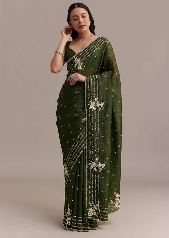 Mehendi Green Crushed Tissue Saree With Embroidered Border