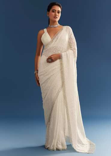 White Georgette Chikankari Embroidered Saree