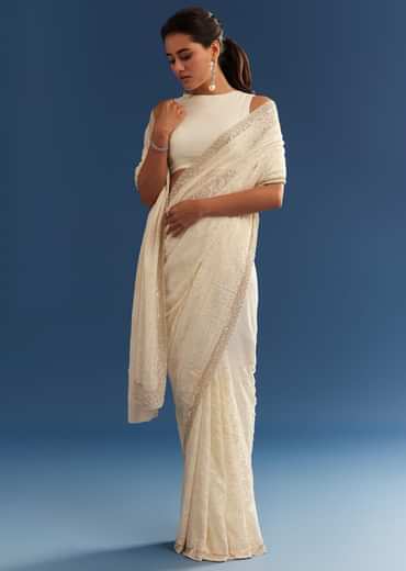 White Georgette Chikankari Saree With Stone And Cutdana Work