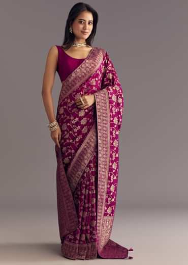 Wine Dola Silk Saree With Zari Jaal And Border Work