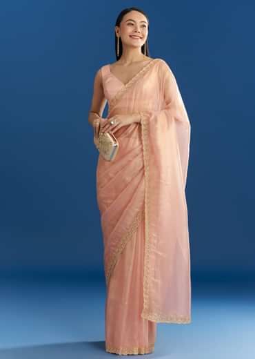 Peach Organza Tissue Saree With Beaded Scallop
