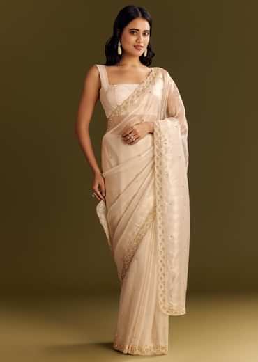 Beige Glass Tissue Saree With Cutdana And Beads Scallop Border