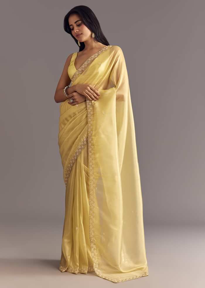Gold Glossy Tissue Saree With Floral Cutdana And Moti Embroidery