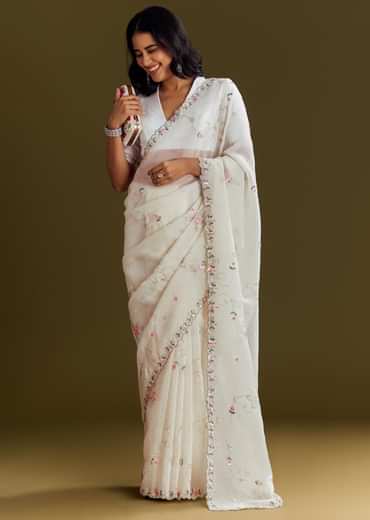 White Crush Tissue Saree With Cutdana And Beads Scallop Border