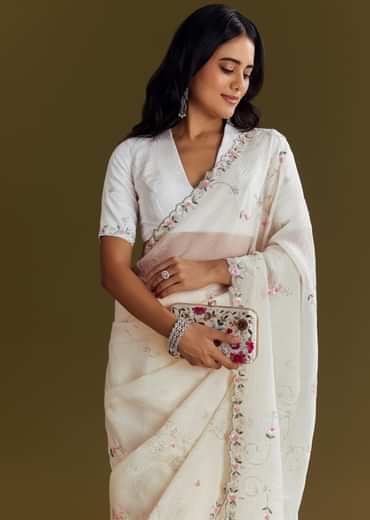 White Crush Tissue Saree With Cutdana And Beads Scallop Border