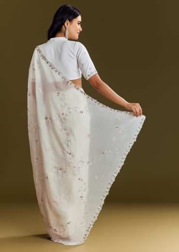 White Crush Tissue Saree With Cutdana And Beads Scallop Border