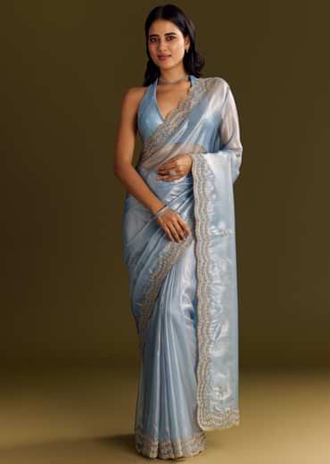 Pastel Blue Tissue Saree With Cutdana And Beads Scallop Border
