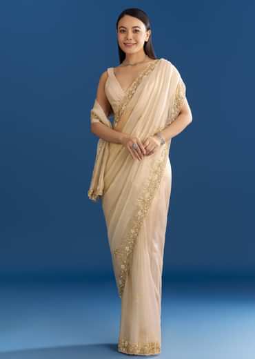 Off White Organza Tissue Saree With Beaded Scallop Border