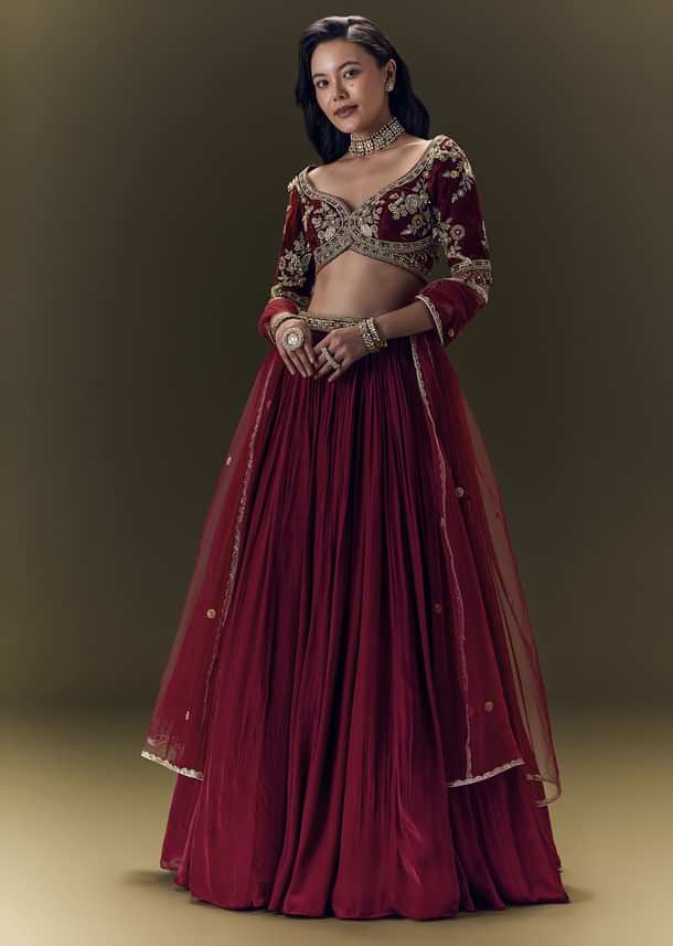 Maroon Crepe Velvet Lehenga Set With Cross Body Blouse