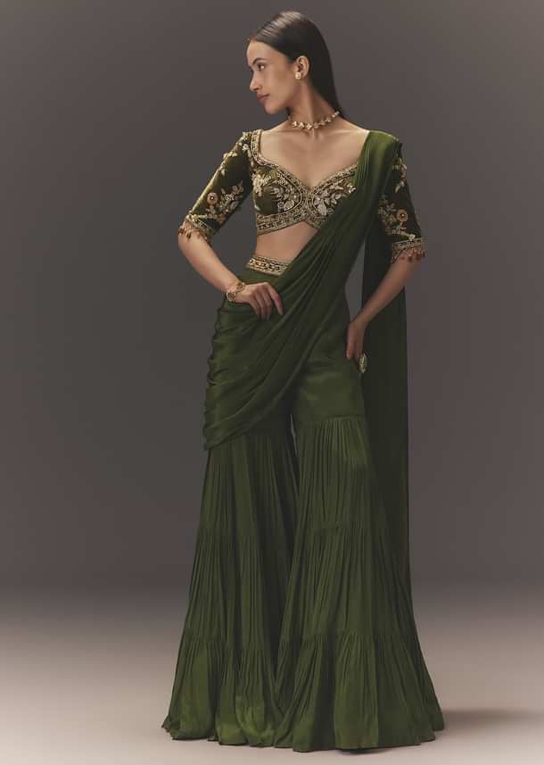 Seaweed Green Hand Embroidered Drape Pallu Style Sharara Set