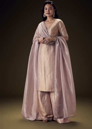 Lilac Brocade Embroidered Kurta With Palazzo And Dupatta