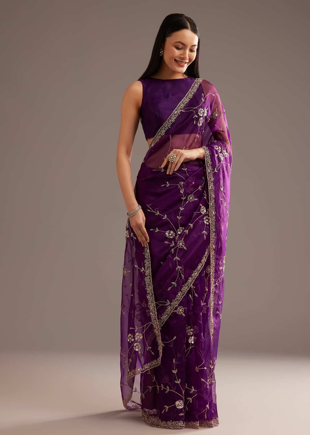 Purple Organza Tissue Saree With Sequins And Cutdana Jaal