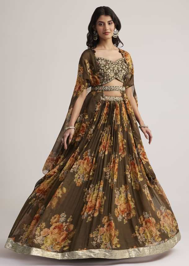 Brown Organza Floral Print Set With Zardosi And Sequins Work