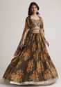 Brown Organza Floral Print Set With Zardosi And Sequins Work