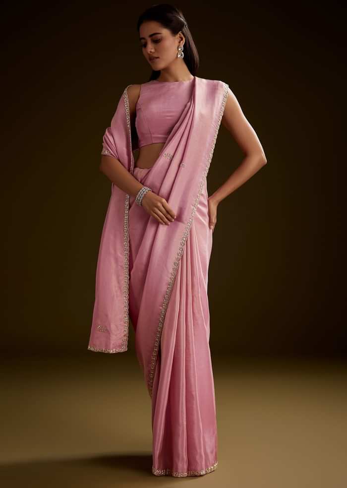 Pink Tissue Saree With Cutdana Embroidery And Scallop Border