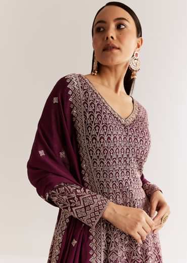 Wine Georgette Kurta Set With Zari And Resham Work