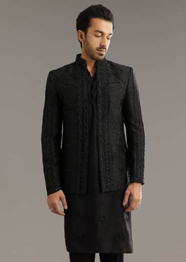 Black Raw Silk Indo Western Set With Beaded Work
