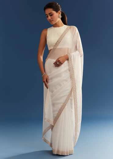 White Crushed Tissue Cutdana Embroidered Saree