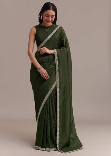 Mehendi Green Crushed Tissue Saree With Embellished Border