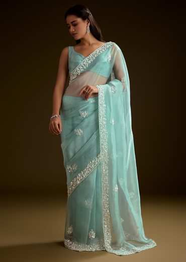 Sea Green Tissue Saree With Floral Embroidery And Scallop Border