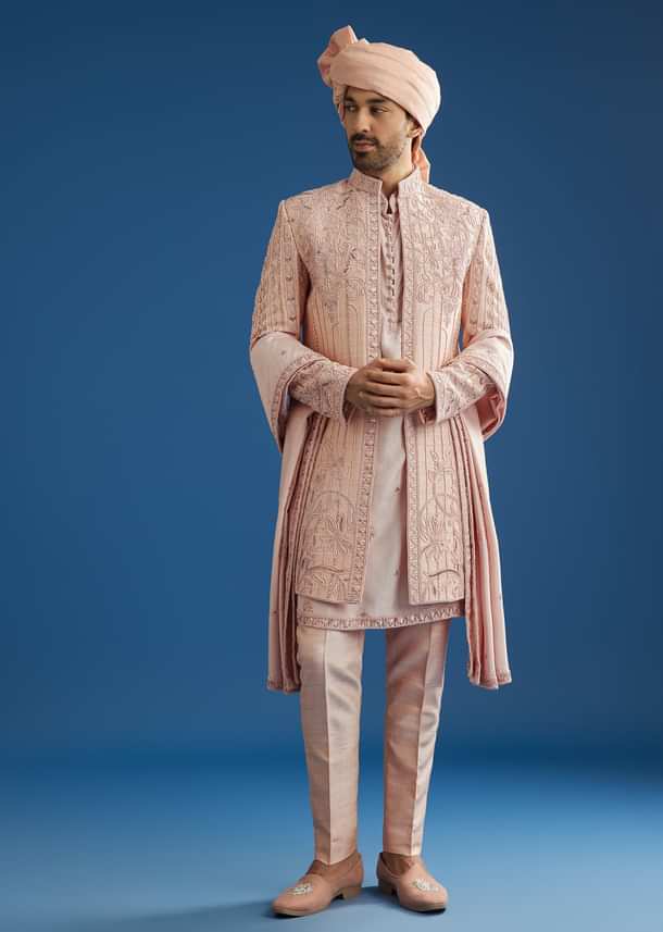 Light Pink Raw Silk Sherwani Set With Hand Work In Chanderi And Dola Silk