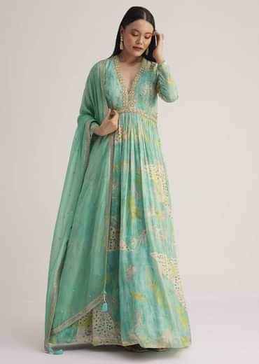 Aqua Green Printed Anarkali With Embroidered Dupatta