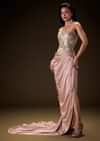 Blush Peach Embroidered Brocade Corset Gown With Drape And Side Slit