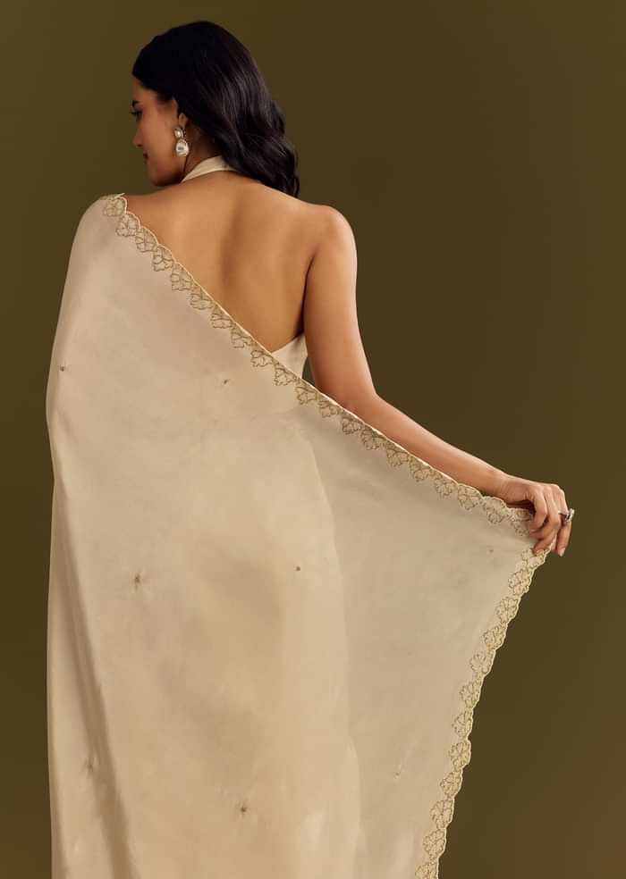 Beige Tissue Saree With Cutdana And Beads Scallop Border
