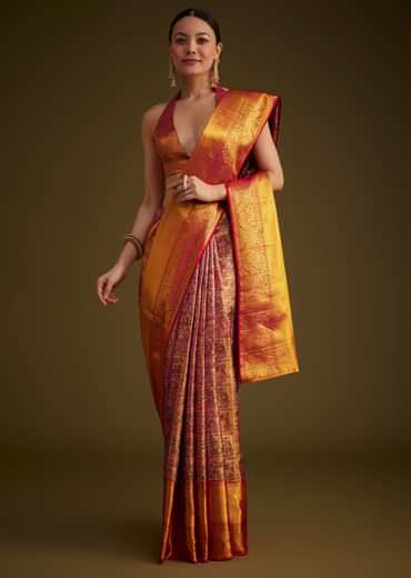 Red Kanjivaram Silk Saree With Golden Zari Border