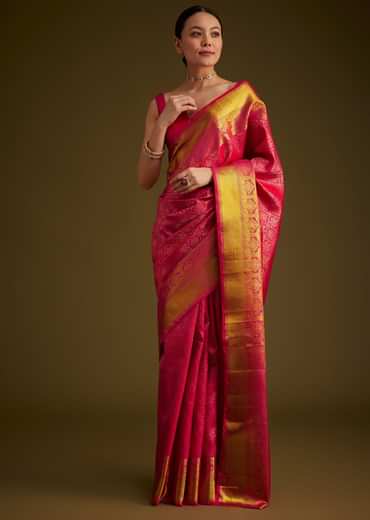Rani Pink Kanjivaram Silk Saree With Golden Zari Border