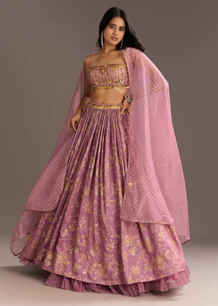 Pink Organza Double Layered Lehenga Set With Handwork Embroidery