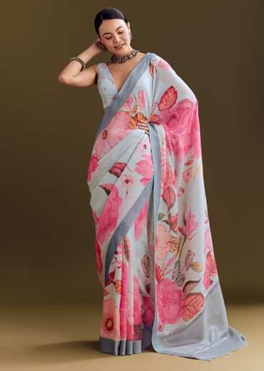 Grey Cotton Linen Saree With Floral Print
