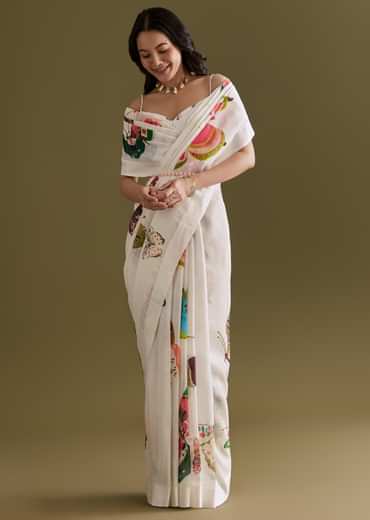 Ivory Cotton Linen Saree With Multicolour Butterfly Prints